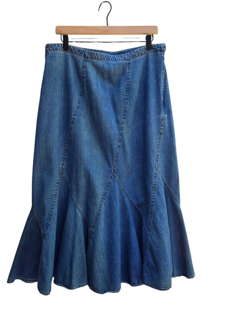 Blue Denim Midi Skirt 12 JM Collection Flared Hem Paneled Seams Whimsy Hippie